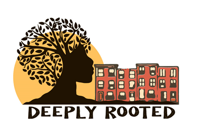 The Deeply Rooted logo with a silhouette of a side profile next to a row of buildings